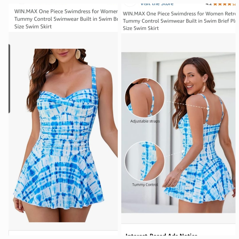 Blue and White Geometric One Piece Swimdress with Skirted Bottom